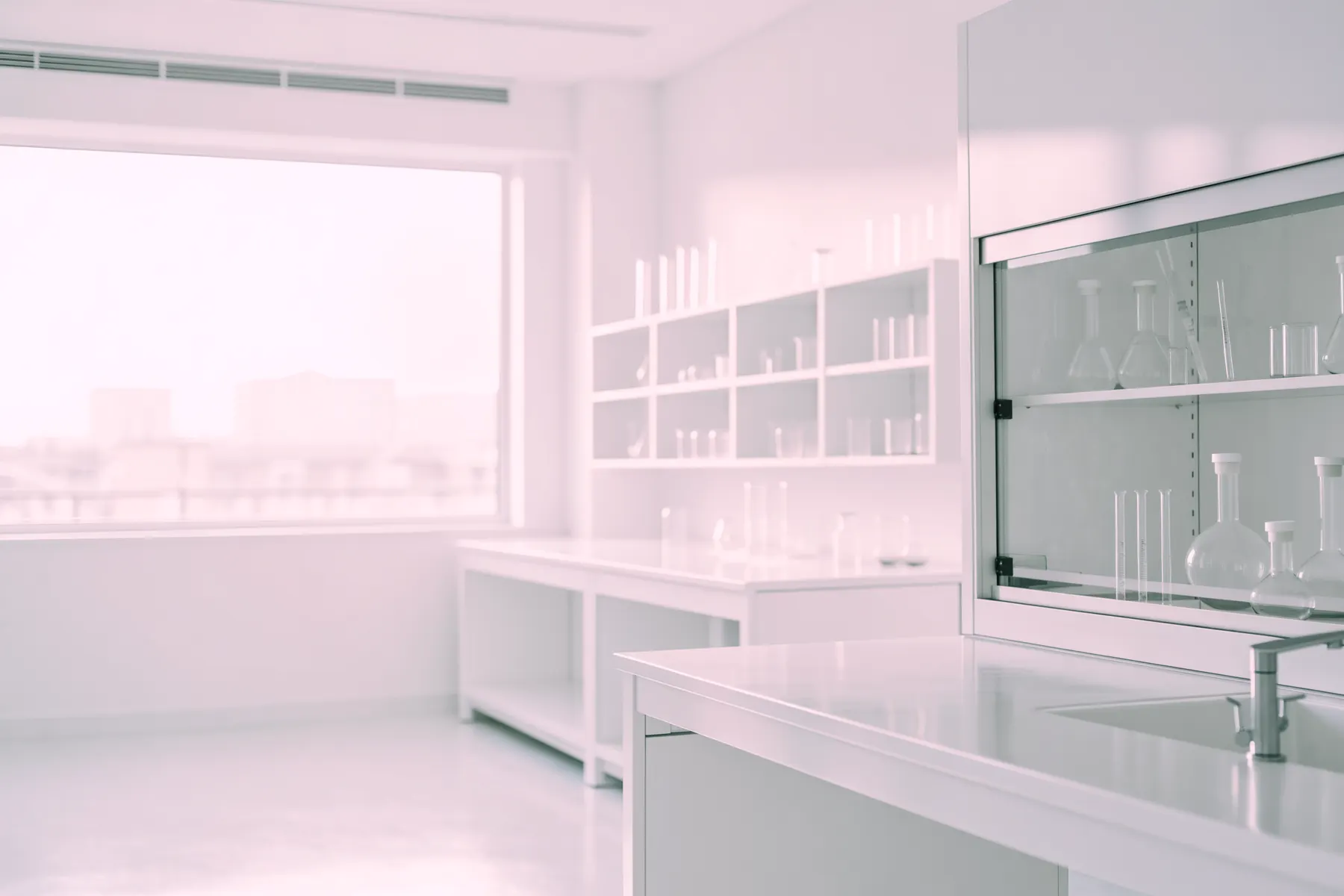A bright, empty laboratory: white benches, glassware on open shelving, and a fume hood.