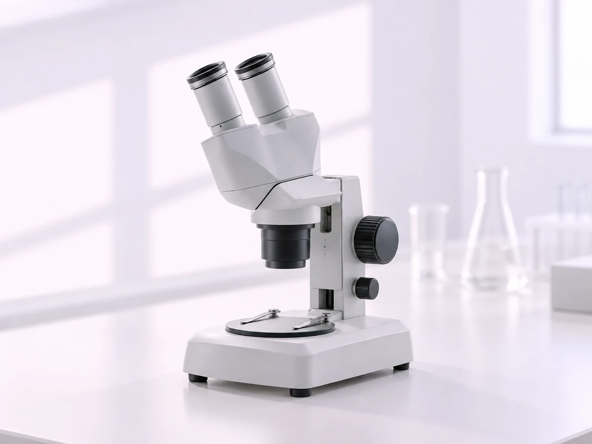 A laboratory microscope and workbench in soft daylight.
